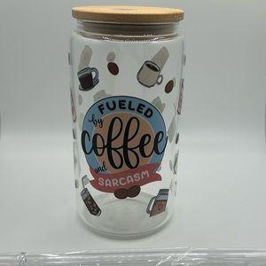 Glass Can Tumbler, 16 onzas, with bamboo Lid and Plastic Straw Included.